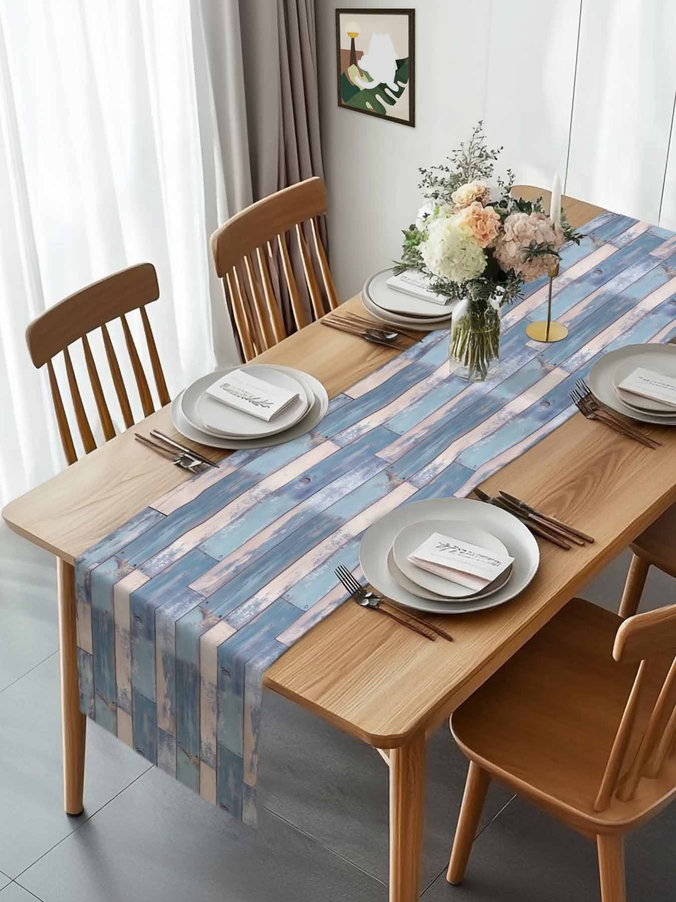 Blue Vintage Wood Grain Table Runner 90 Inches Long, Abstract Farmhouse Wooden Table Runners Tabletop Scarf Kitchen Dining Tables Decoration for Home Party Indoor Outdoor