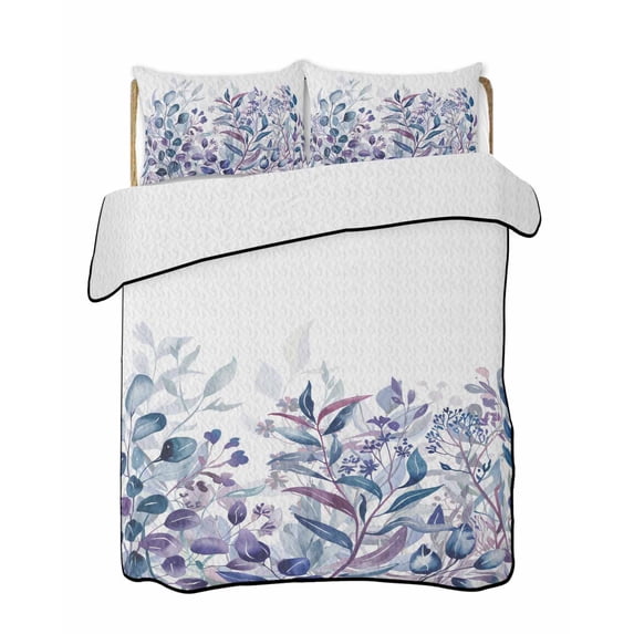 Blue and Violet Leaf 3 Pieces Quilt Set, 1 Quilt with 2 Shams, Spring ...
