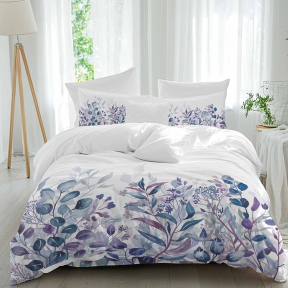 Blue and Violet Leaf Queen Size Comforter Set, Spring Eucalyptus Leaves Watercolor Plants Bedding for All Seasons, 4 Pcs Bed Set, 1Quiltcover (90"x92") ,1Sheet(94"x116"), 2Pillowcases (30"x20")