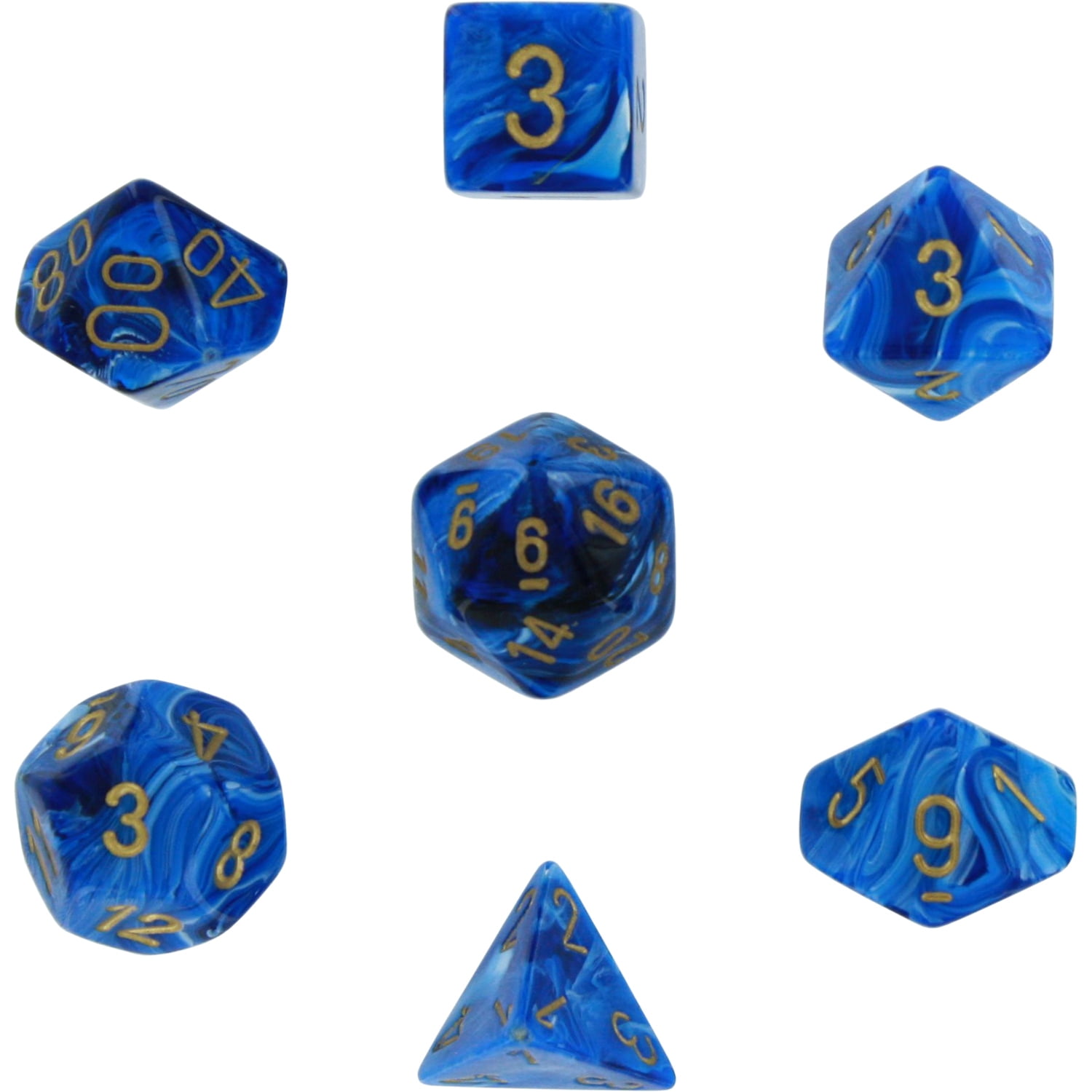 Blue Vortex Dice with Gold Numbers 16mm (5/8in) Set of 7 Chessex ...