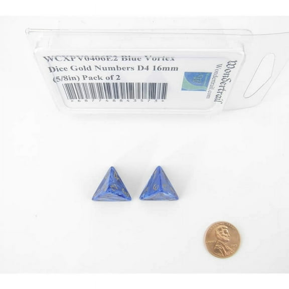 Blue Vortex Dice with Gold Numbers D4 Aprox 16mm (5/8in) Pack of 2 Wondertrail