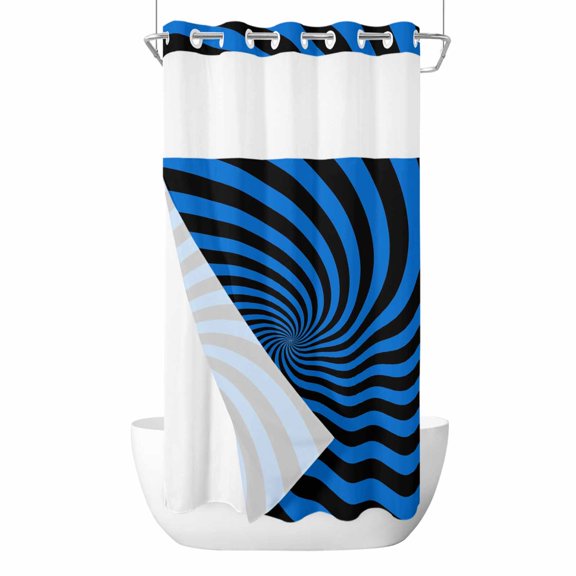 Blue Vortex No Hook Shower Curtain and Snap in Liner Set, Abstract Navy Blue Black Lime Spiral Optical Motion Style Waterproof Shower Curtain Liner Set with Mesh Top Window for Bathroom 36x78in