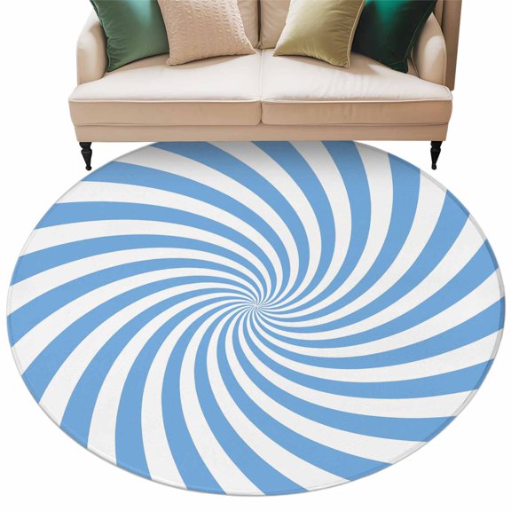 Blue Vortex Round Living Room Rugs 6 ft, Abstract White Sky Blue Spiral Optical Motion Style Washable Area Rug with Non-Slip Sturdy Edge Binding Round Carpet for Kitchen Office Bedroom