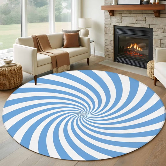 Blue Vortex Round Rug 5Ft Abstract White Sky Blue Spiral Optical Motion Style Circle Area Rugs Washable Non Slip Indoor Floor Mats Carpet for Living Room Bedroom Dining Room Home Decor