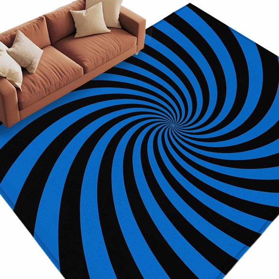 Blue Vortex Washable Living Room Rugs 9'x12', Abstract Navy Blue Black Lime Spiral Optical Motion Style Low Pile Throw Large Area Rug Non-Slip Edge Binding Carpet for Bedroom Dining Room Office