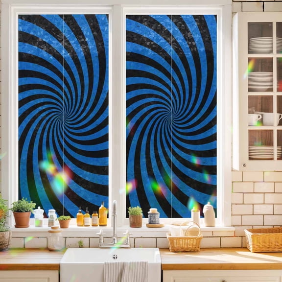 Blue Vortex Window Privacy Film Abstract Navy Blue Black Lime Spiral Optical Motion Style Static Cling Stained Glass Window Film Non-Adhesive Decorative Decals Rainbow Sticker 17.7"X39.3"