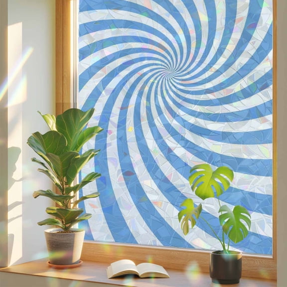 Blue Vortex Window Privacy Film, Abstract White Sky Blue Spiral Optical Motion Style Stained Glass Rainbow Film Decorative Window Clings, Static Cling Sun Blocking Stickers 19.6" x 39.3"