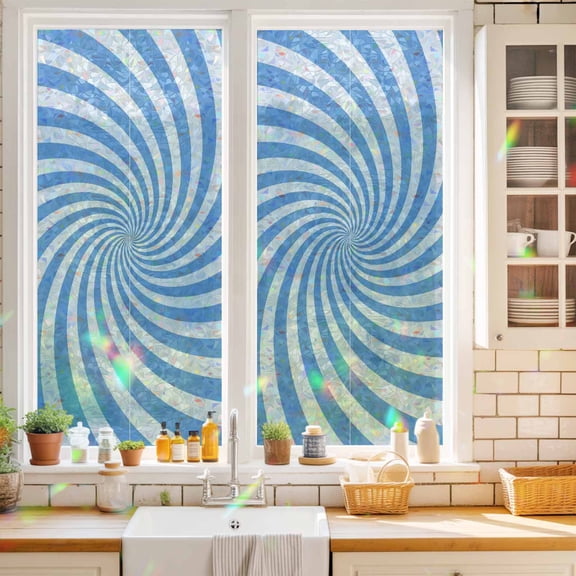 Blue Vortex Window Privacy Film Abstract White Sky Blue Spiral Optical Motion Style Static Cling Stained Glass Window Film Non-Adhesive Decorative Decals Rainbow Sticker 17.7"X39.3"