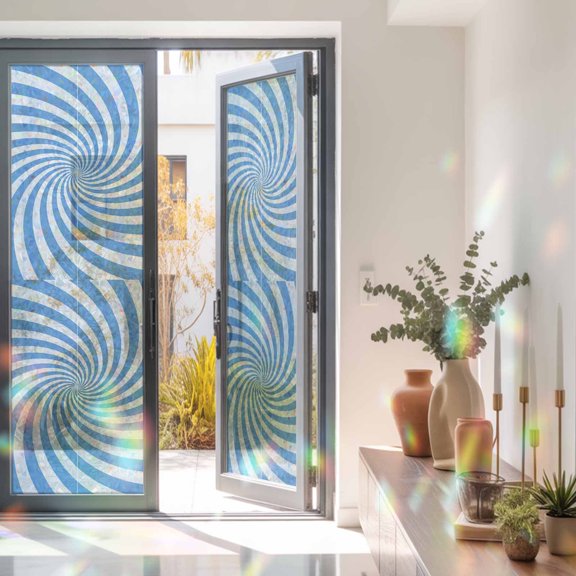 Blue Vortex Window Privacy Film Abstract White Sky Blue Spiral Optical Motion Style Static Cling Stained Glass Window Film Non-Adhesive Decorative Decals Rainbow Sticker 29.5"X118"