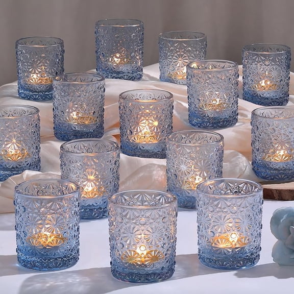 Blue Votive Candle Holder Set of 12, Flower Tea Lights Candles Holders for Wedding Table Centerpieces, Birthday Parties, Home Decor, Blue Bridal Shower and Holiday Decorations