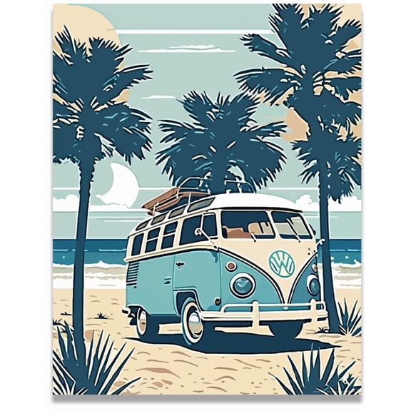 Blue Vw Van Volkswagen Poster Vintage Beach Surf Home Decor Office Wall Art