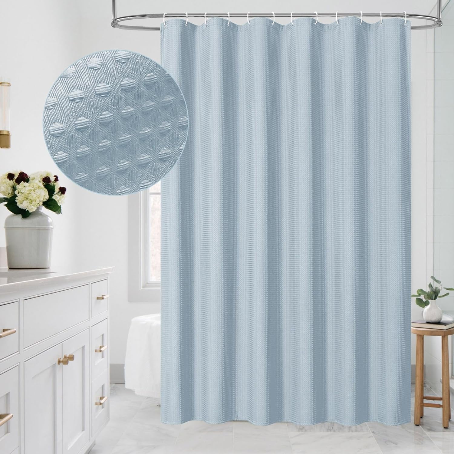 Blue Waffle Fabric Shower Curtain, Light Blue Waffle Weave Textured ...