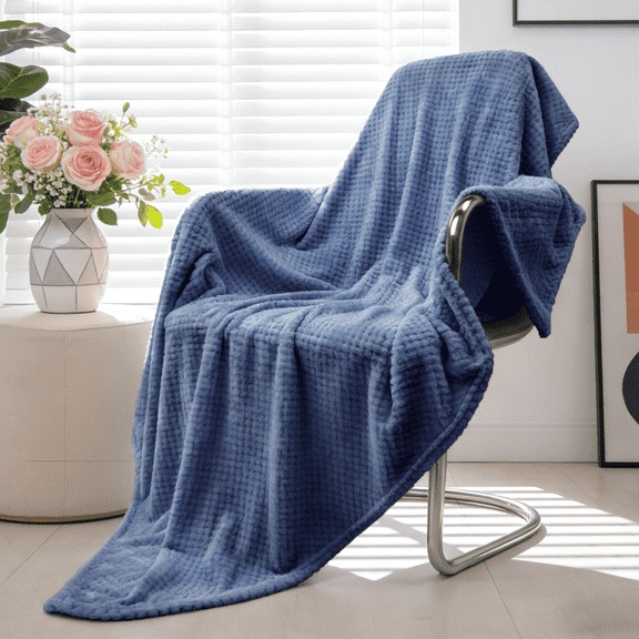 Throw Blanket, 260GSM Soft Jacquard Blanket for Couch, Waffle Weave Fuzzy Throws for Home Decor, Lightweight and Warm Bed Blankets for Bed Sofa Office Travel, Blue