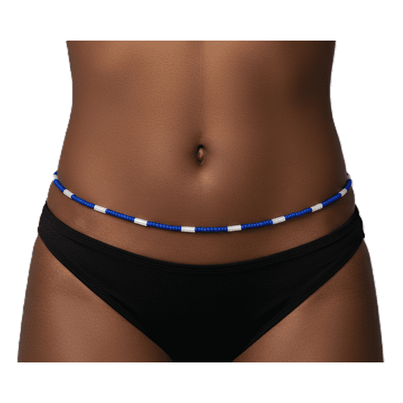 Blue Waist Beads with Glow in Dark Accents, 2MM Seed Beads, 44 Inches of Beads, Traditional Tie-On Cotton Thread