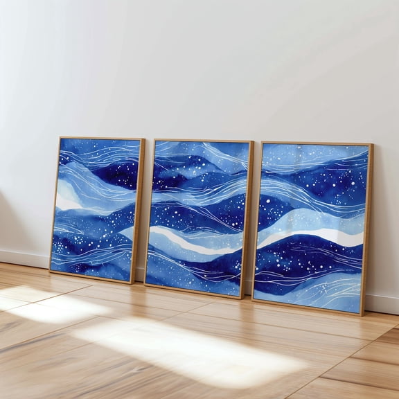 Blue Wall Art Abstract Ocean Night Sky Triptych Wave Artwork Set 3 Stretched Canvas 16x24