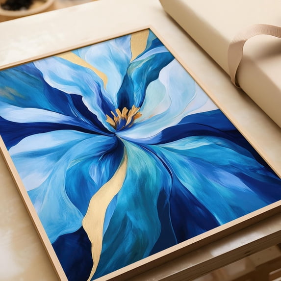 Live Art Roses Blue Wall Art Prints, Abstract Flowers With Gold Accents, Modern In ...