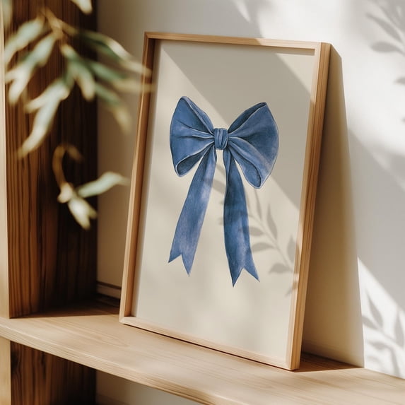 Blue Wall Art Vintage Velvet Bow Poster Trendy Girl Apartment Decor College Nursery Cute Coquette Room Poster, Stretched Canvas Size 16x24