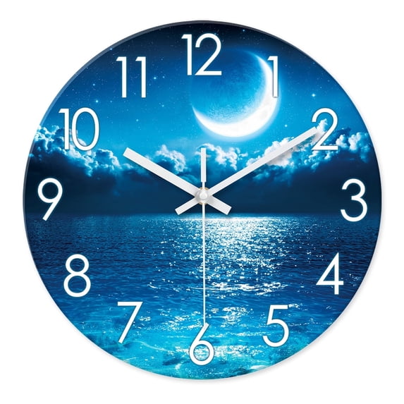 Blue Wall Clock 16 Inch Silent Non Ticking Large Modern Moon Ocean Wall Clocks Battery Operated Round Decotative Wall Clocks for Kitchen Living Room Office