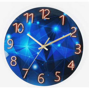 Blue Wall Clock Battery Operated 12 Inch Analog Glass Wall Clock Non Ticking Large Wall Clocks for Living Room Decor