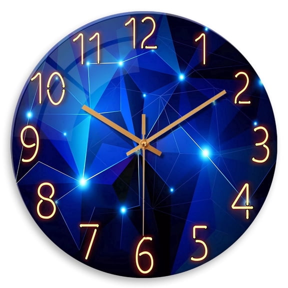 Blue Wall Clock Battery Operated 12 Inch Modern Wall Clock Non Ticking Glass Clock for Living Room