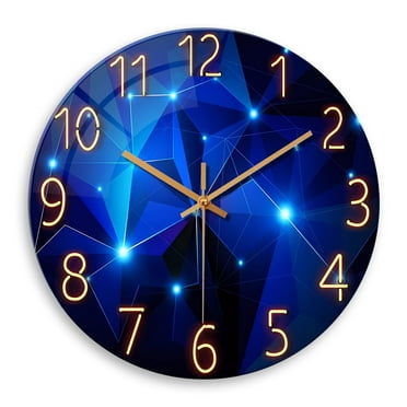Blue Wall Clock Battery Operated 14 Inch Modern Wall Clock Non Ticking Glass Clock for Living Room