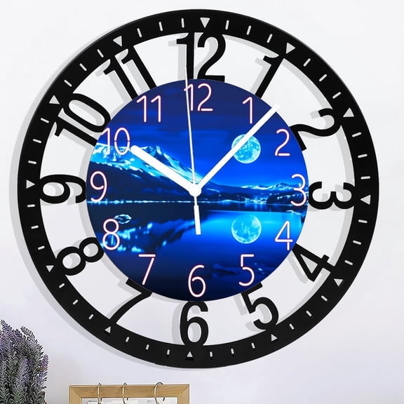 Blue Wall Clock for Bedroom 10 Inch Natural Landscape Round Analog Clock Battery Operated Moon Round Wrought Iron Round Wall Clock, 25cm - Arabic Numerals Style 10×10inch(25×25cm)