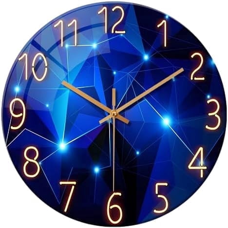 12-Inch Blue Silent Wall Clock - Round Glass Decorative Wall Clock for Living Room & Kitchen, Battery Operated