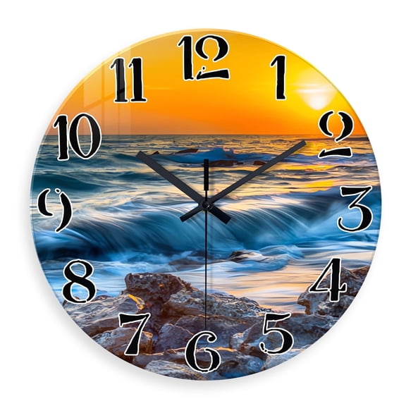 Blue Wall Clocks Battery Operated 14 Inch Beach Wall Clock for Bedroom Glass Wall Clock Silent Non Ticking