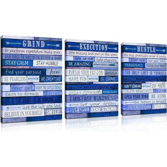 Blue Wall-Decor - 3 Piece Canvas Wall Art - Motivational Wall Art For Office Ready To Hang Size 16" x 12"