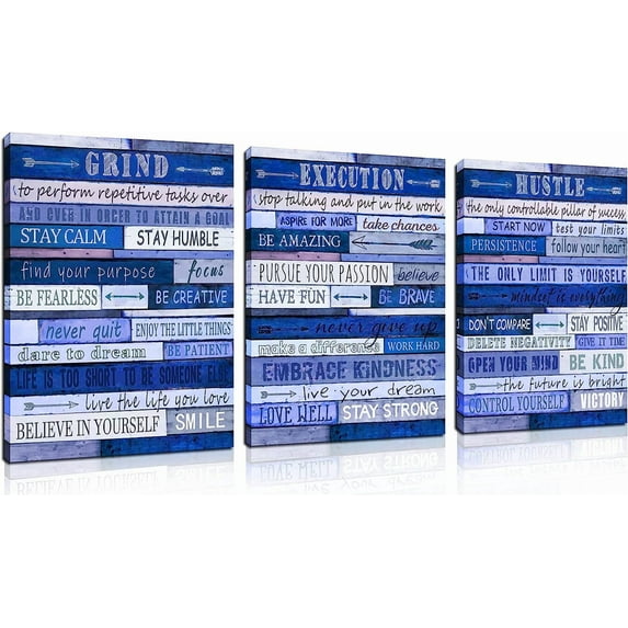 Blue Wall-Decor - 3 Piece Canvas Wall Art - Motivational Wall Art for Office Ready to Hang Size 16" x 12"