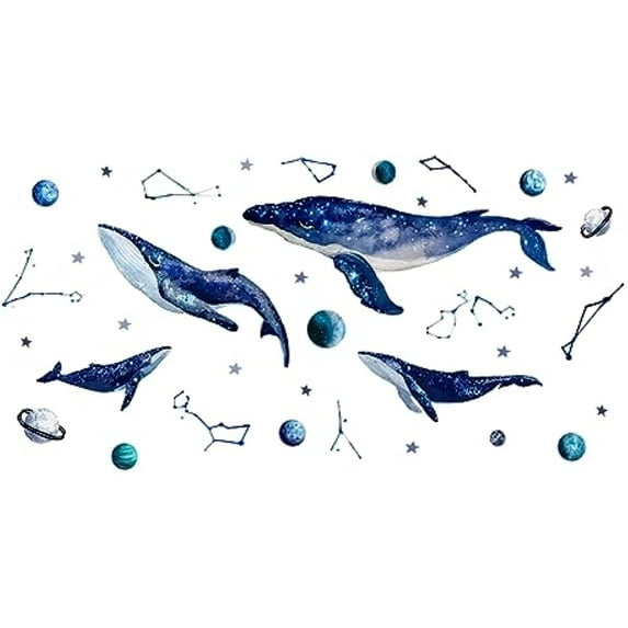 Blue Wall Sticker with Starry Sky PVC Wall Stickers Whale Large Constellation Removable Size Stars Planets Easy to Stick and Peel 39×90 cm