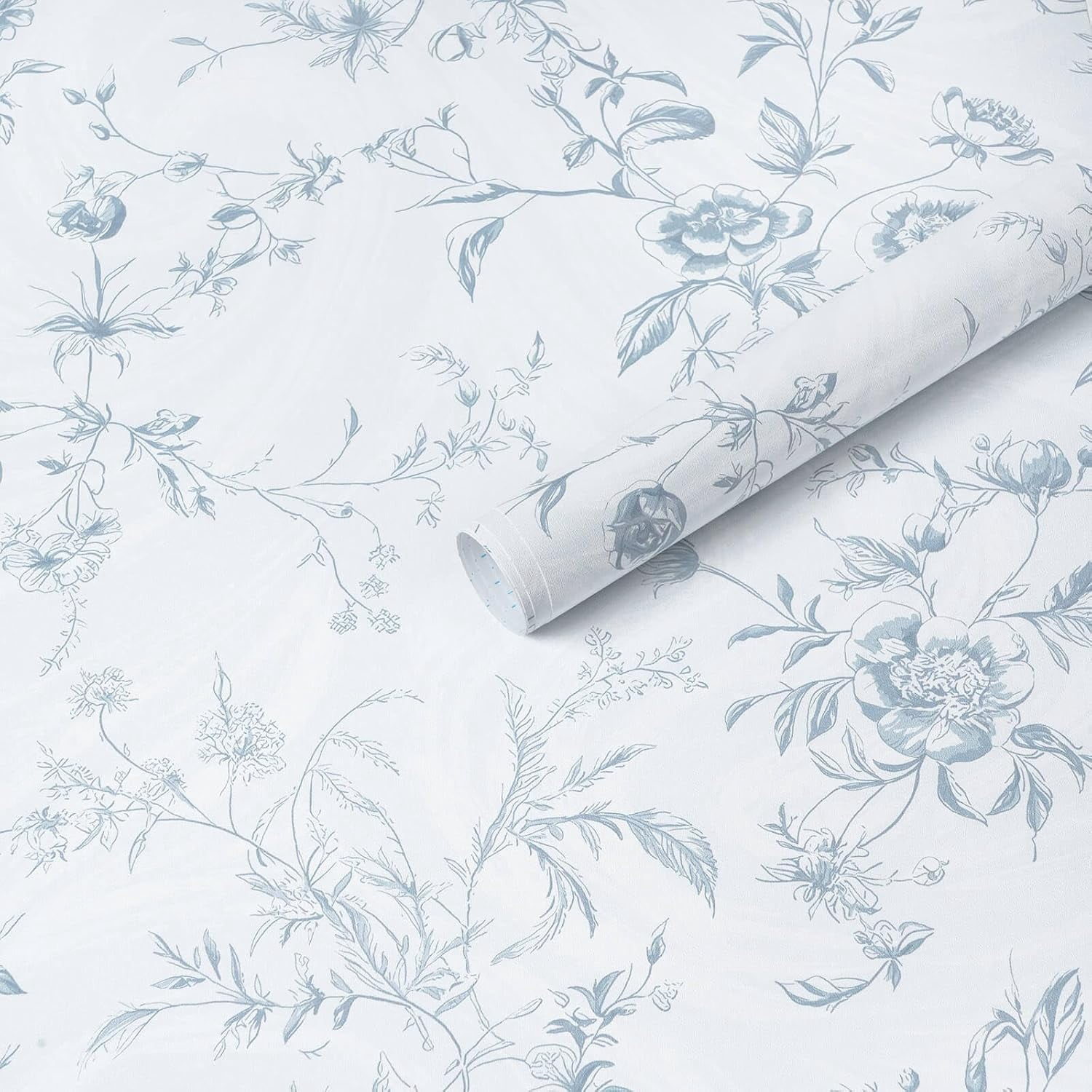 Blue Wallpaper Peel and Stick Floral Vintage Stick on Wall Paper French Textured Contact Paper for Cabinet Removable Self Adhesive Wallpaper Vinyl Roll Shelf Deco, 17.3x196in