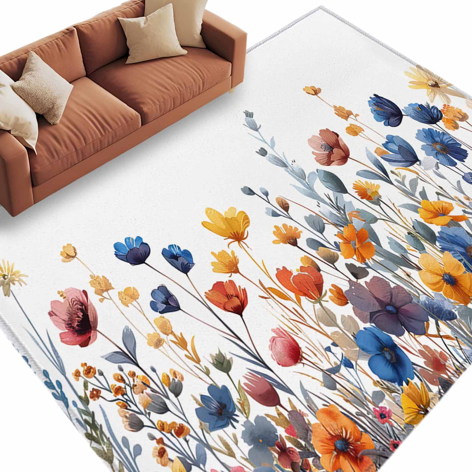 Low Profile Blue Rug Blue and Washable Area Rug 8x10 Yellow Poppy Watercolor Floral Plants ...