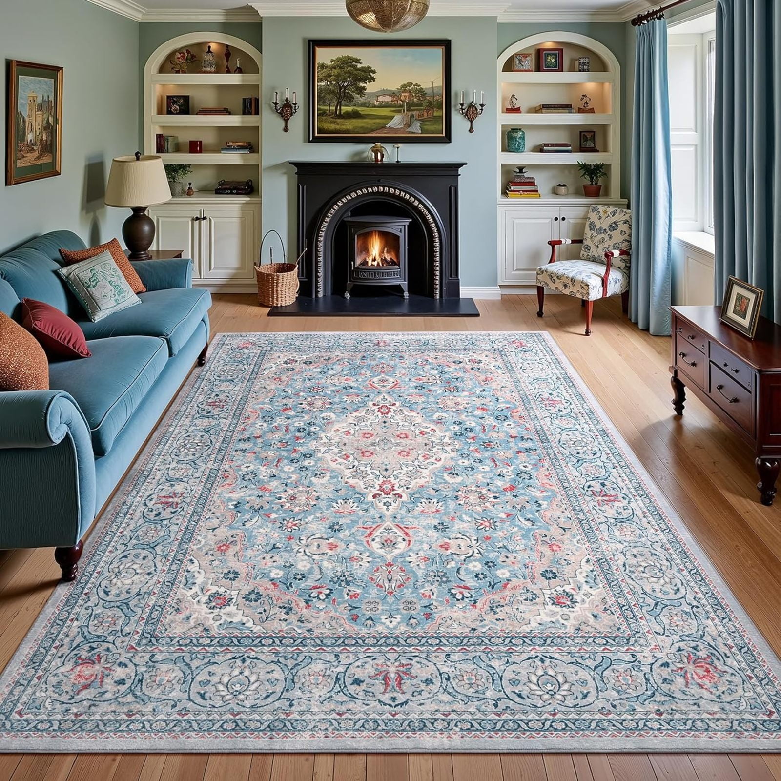 Blue Washable Boho Area Rug For Bedroom, Vintage Floral Non Slip Living