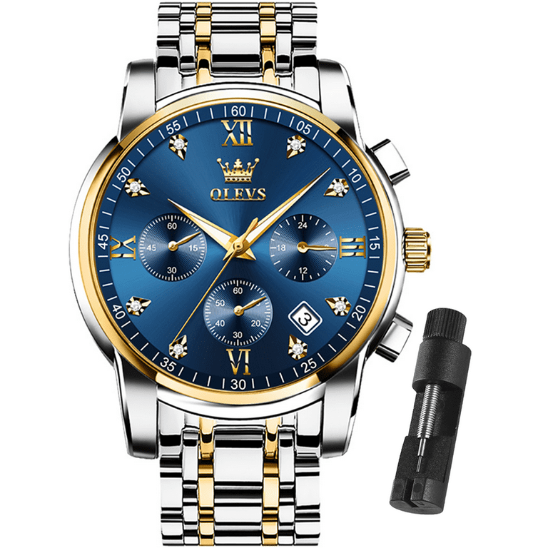 Blue Watches for Men OLEVS Watch Men Blue Face Luxury Watches for Men Gold and Silver Stainless Steel Men Watch Dress Waterproof Watch for Men