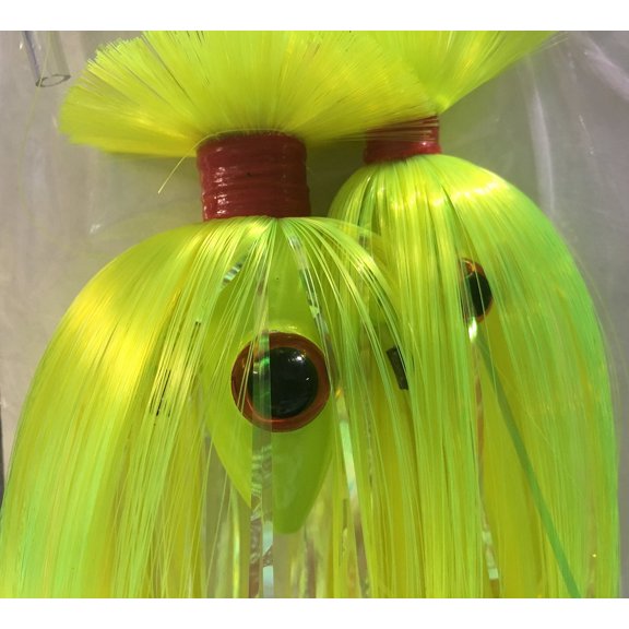 Blue Water Candy - Rock Fish Candy 8 oz & 4 oz Mojo Lure Loaded with 9-Inch Swimbait Shad Bodies Tandem Parachute Rigged & Ready Chartreuse