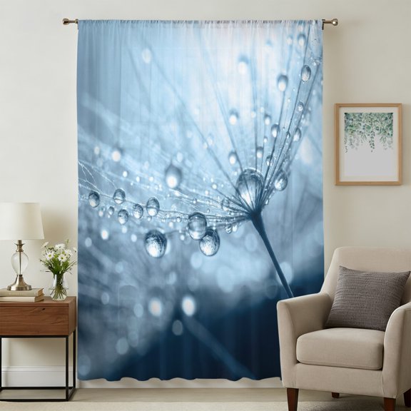 Blue Water Drops Dandelion Sheer Curtains 54 Inches Long for Bedroom, Modern Abstract Art Flowers Light Filtering Privacy Drapes, Breathable Semi Sheer Window Treatment for Bathroom Dining Room