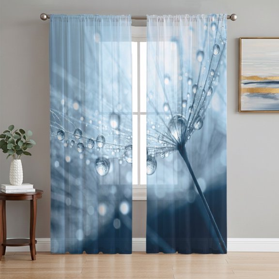 Blue Water Drops Dandelion Sheer Curtains 63 Inch Length 2 Panels Set, Modern Abstract Art Flowers Voile Window Treatment Rod Pocket Curtains Sheers Drapes for Bedroom/Living Room/Kitchen 52x"63"x2