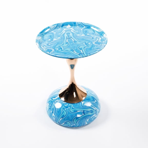Blue Water Pattern Round Metal Coffee End Table for Living Room Enhancing Elegant Style
