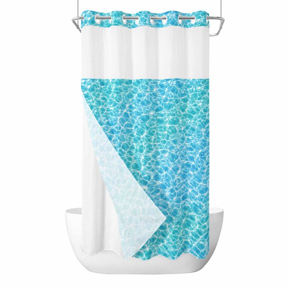 Blue Water Ripple No Hook Shower Curtain with Snap in Liner, Teal Poolside Leisure Ocean Wave Sun Reflection Waterproof Shower Curtains with See Through Top Window Liner for Bathroom, 36x72 Inches