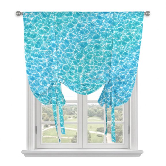 Blue Water Ripple Tie Up Balloon Window Curtain 34W x 45L Inch, Teal Poolside Leisure Ocean Wave Sun Reflection Rod Pocket Adjustable Tie Up Curtains Small Kitchen Sink Curtains for Cafe Bedroom