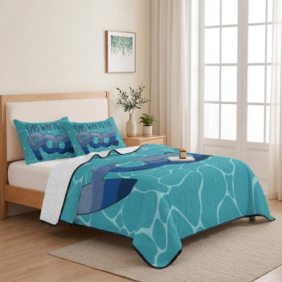 Blue Water Ripples 3 Pieces Quilt Set,1 Quilt with 2 Shams,Gradient This Way to The Pool Bedspread Soft Lightweight Bedding Coverlet Comforter Set for All Season 68"x98"
