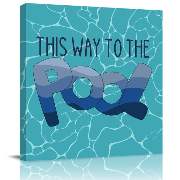 Blue Water Ripples Canvas Artwork Painting Art, Gradient This Way to The Pool Square Framed Wall Decorations Prints Picture for Bedroom Kitchen Living Room, 8x8 in
