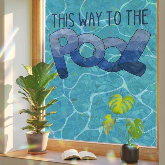Blue Water Ripples Window Privacy Film, Rainbow Film Decorative Window Sticker 17.7x39.3in, Gradient This Way to The Pool Sun Blocking Static Stained Glass Cling Tint Non-Adhesive