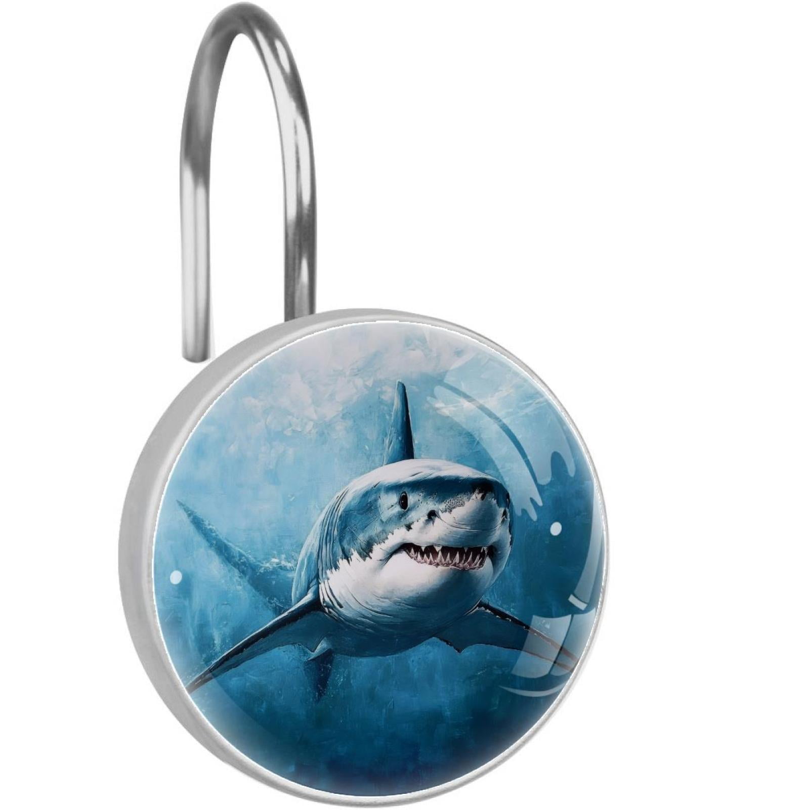 Blue Water Shark Shower Curtain Hooks Round Crystal Glass, Set of 12 Shower Curtain Rings - Shower Hooks for Curtain Shower Rings