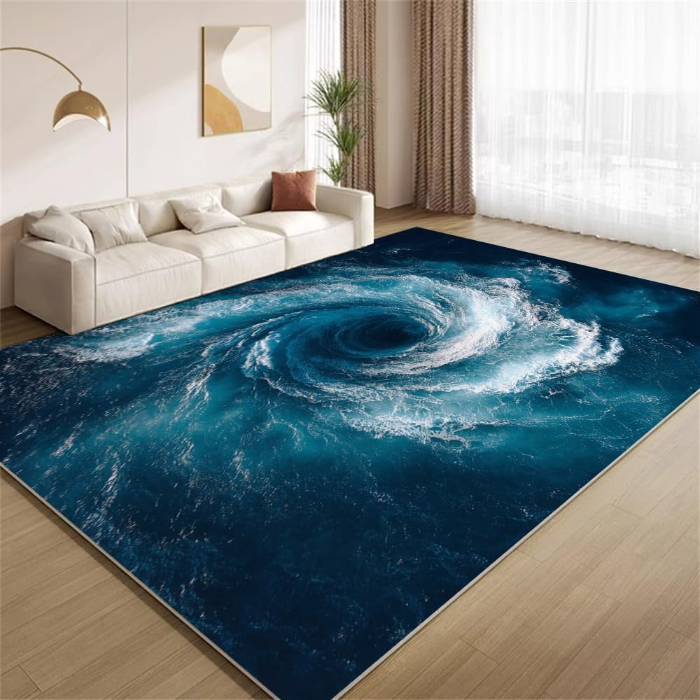 Blue Water Swirl Area Rugs, Ocean Bottomless Hole Pattern Carpet