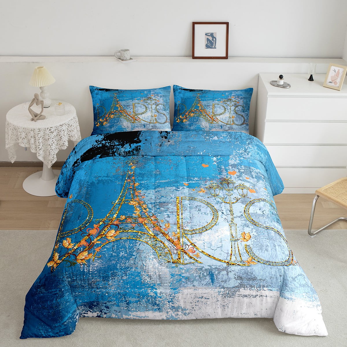 Blue Watercolor Bedding Set Twin Modern Abstract Comforter Set, Navy White Tie Dye Duvet Insert