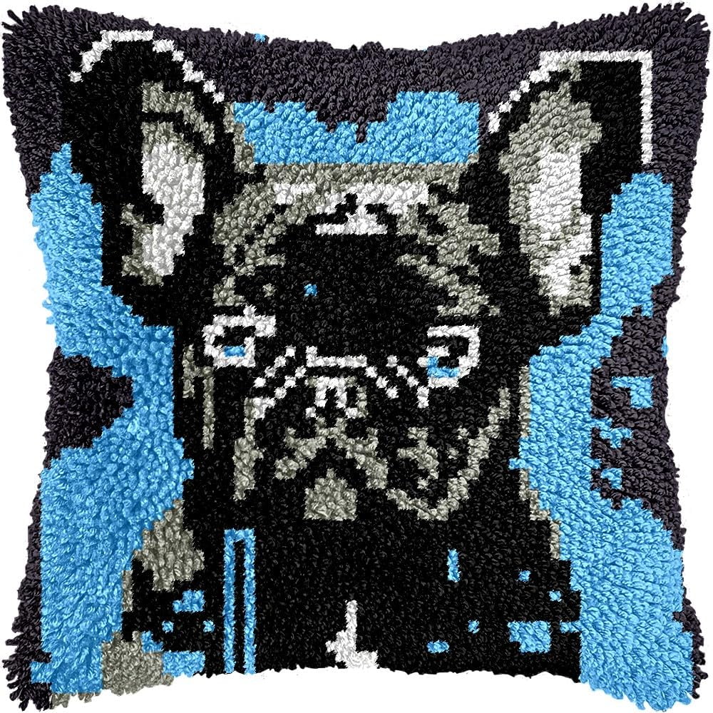 Blue Watercolor Bulldog Latch Hook Pillow Kits Pillow Cover Latch Hook Crafts Crochet Knitted Hooking Pillowcase Cushion Crafts Embroidery Latch Hooking Kits Material Set 17x17 inch(118)