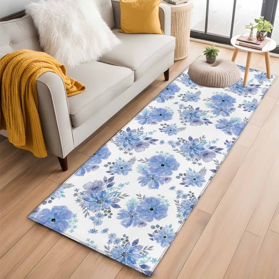 Blue Watercolor Floral 2'x6' Runner Rugs for Hallway Kitchen Bedside Non Slip Washable, Spring Flower Abstract Art Entryway Rug Runners with Rubber Backing, Long Carpet Runner for Laundry Room