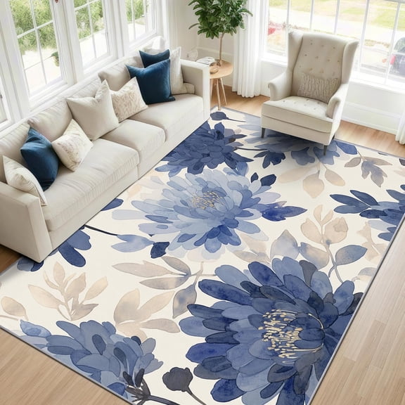 Blue Watercolor Floral Area Rug, Botanical Flower Pattern Carpet, Washable Non Slip Low Pile Soft Thin, Living Room Bedroom Dining Kitchen Home Decor Mat 2x3ft(Small)